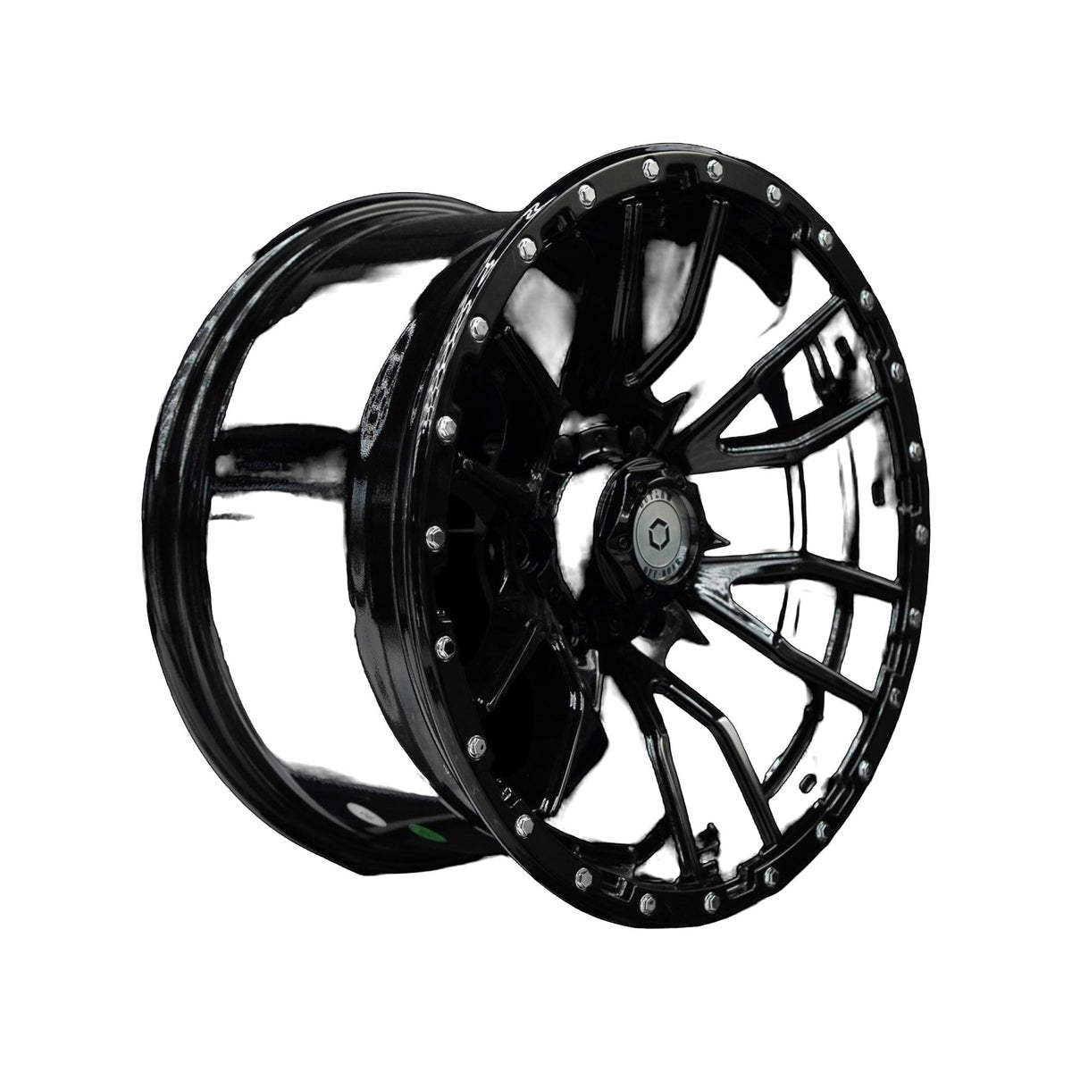 Outlaw Off-Road Rugged 1 gloss black alloy wheel at a three-quarter angle showing spoke depth