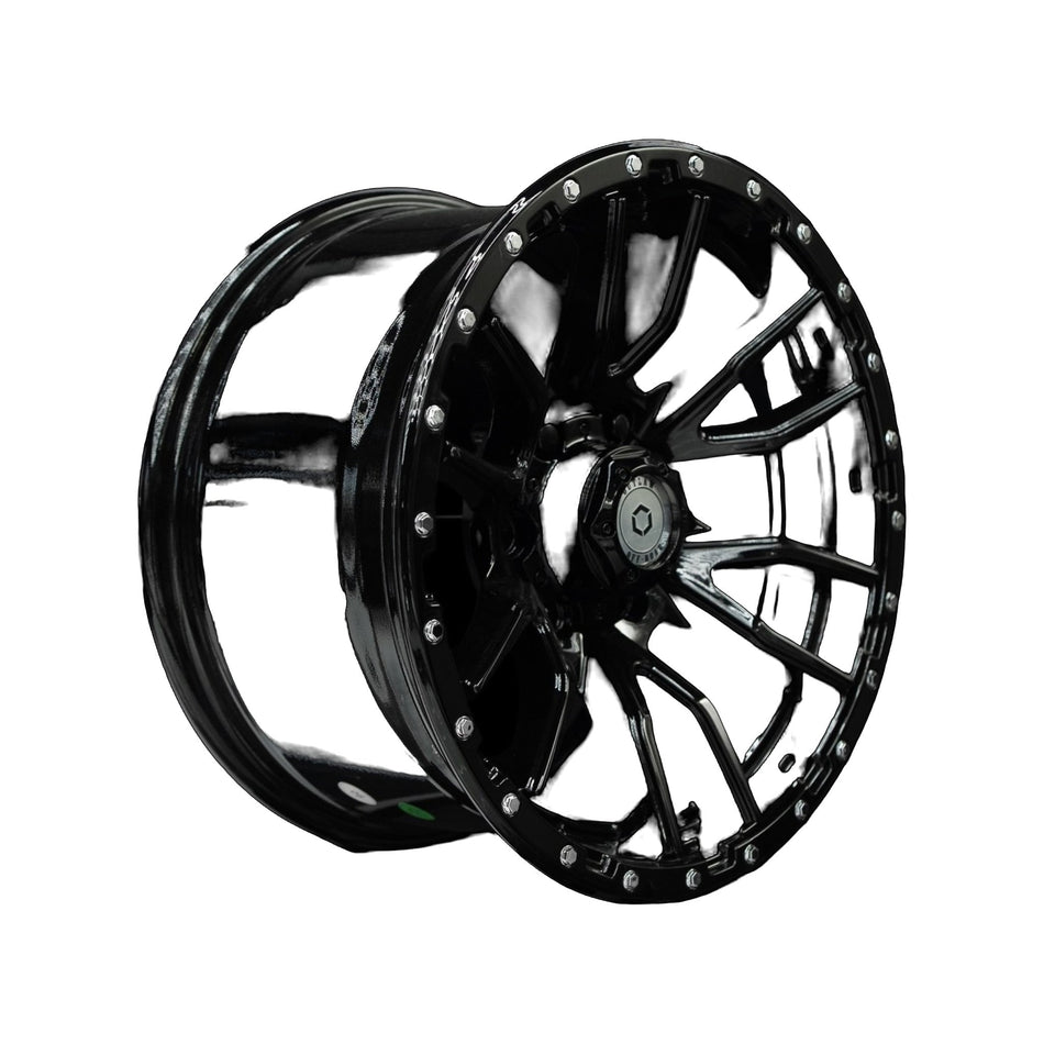 Outlaw Off-Road Rugged 1 gloss black alloy wheel at a three-quarter angle showing spoke depth