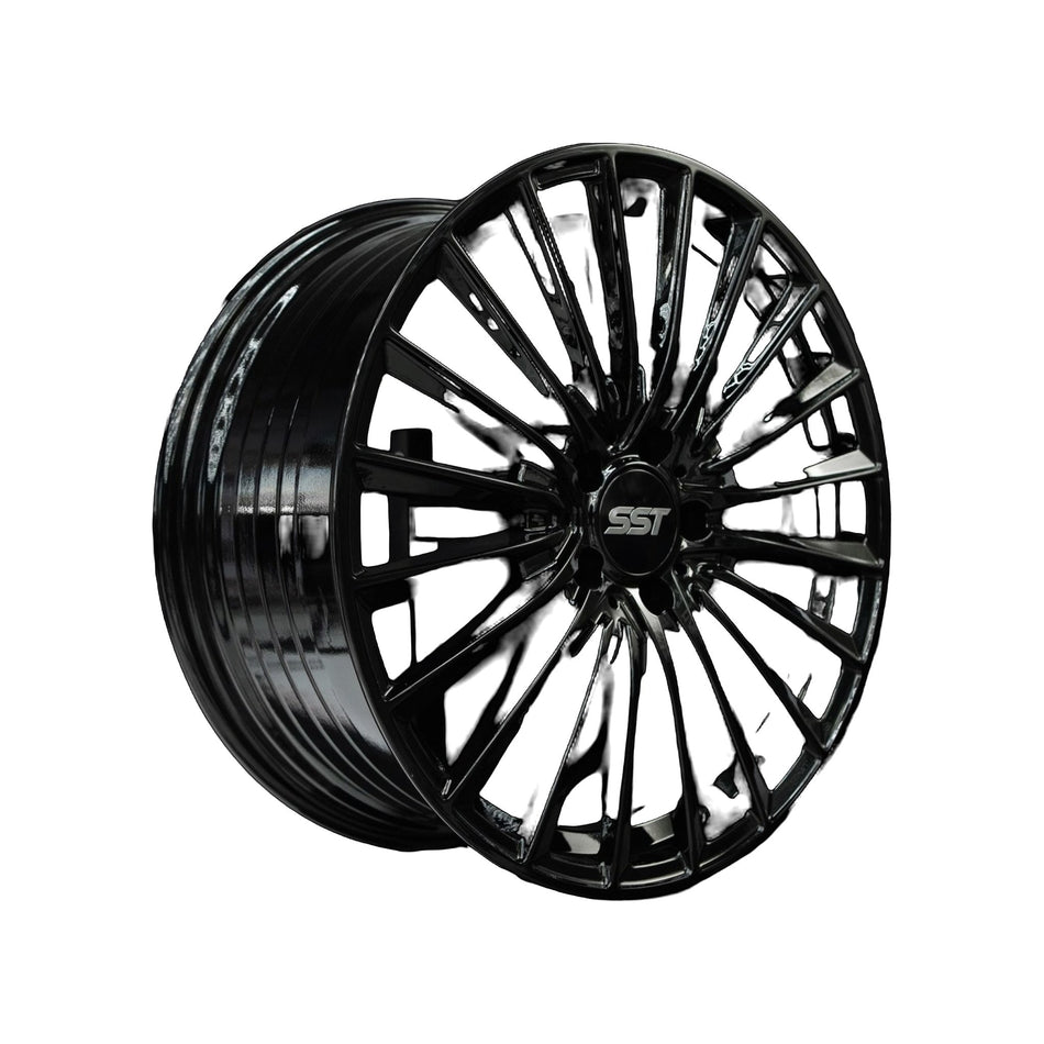 SST 1 gloss black alloy wheel at a three-quarter angle showing spoke depth
