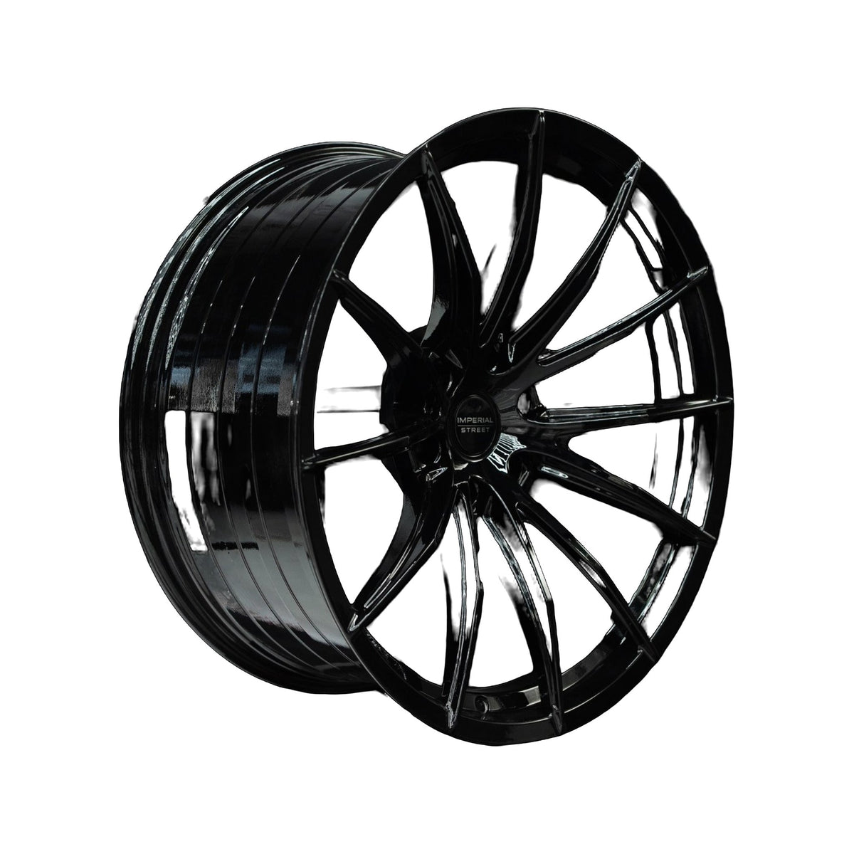 Imperial Street Series 4 gloss black alloy wheel at a three-quarter angle showing spoke depth