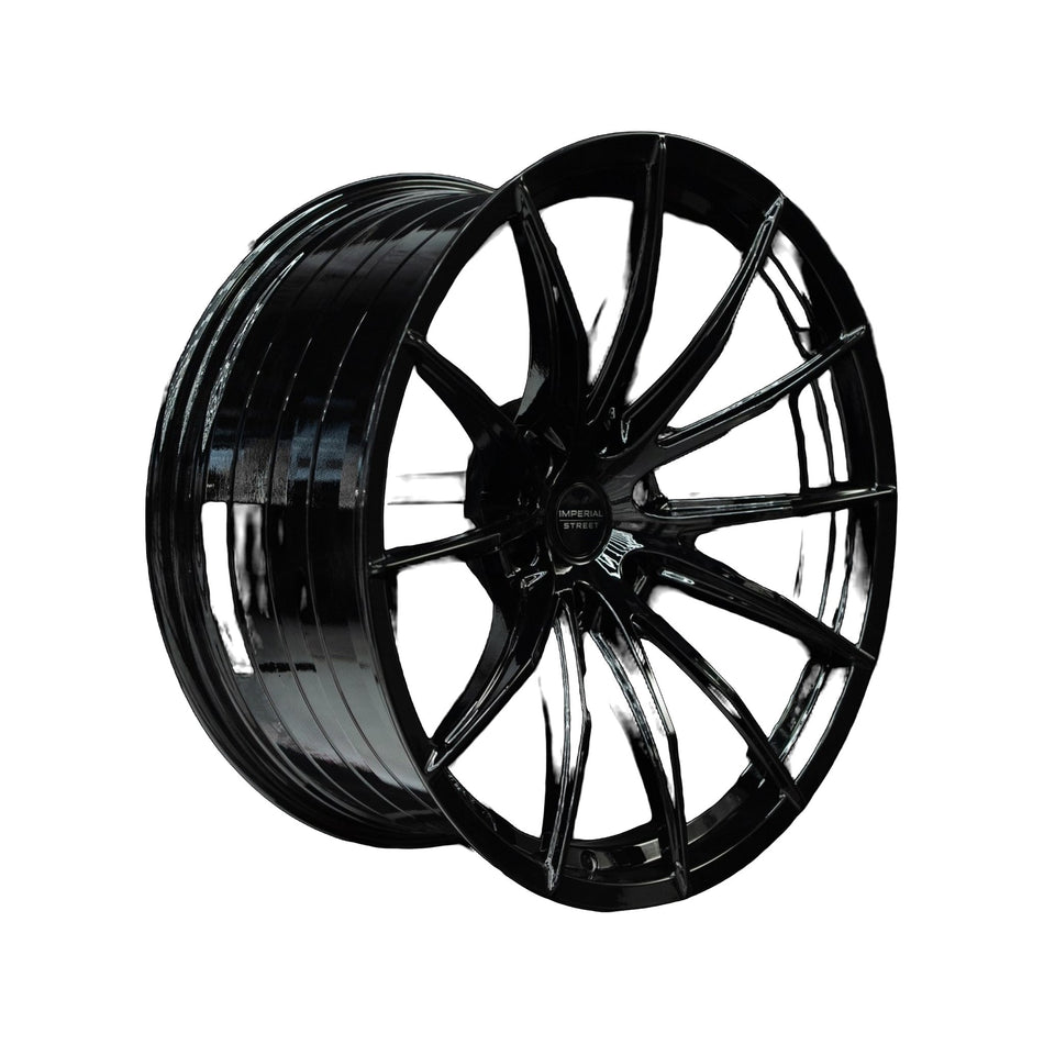 Imperial Street Series 4 gloss black alloy wheel at a three-quarter angle showing spoke depth